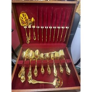 Vintage Gold Stainless Steel Silverware set 65 pieces Made in Taiwan